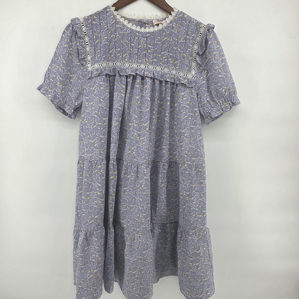 Small Floral Print Tiered Midi Dress Purple Cotton Blend prarie cottagecore‎